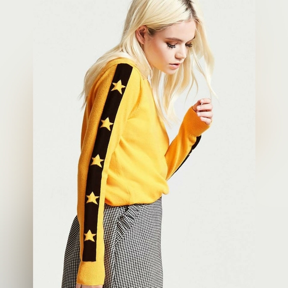 Forever21 yellow sweater with star print on arms - Picture 2 of 2